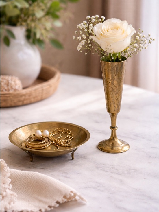 Other - Vintage Brass Decor Set | Bud Vase + Trinket Dish | Boho Home Styling